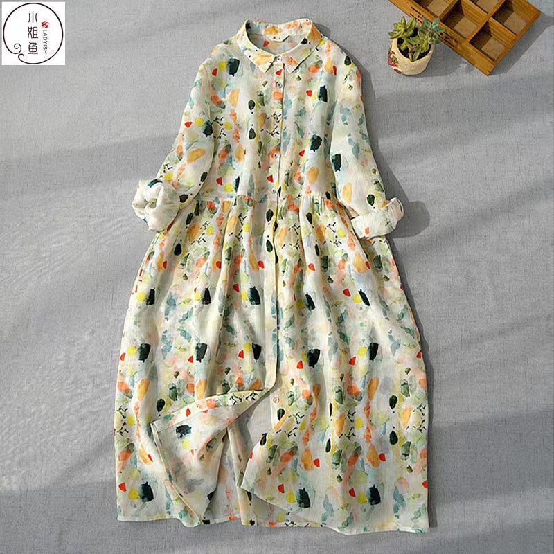 Non-Real Shot Spring Outfit: Vintage Floral Dress with Nine-Quarter Sleeves, Elegant Shirt Collar, Mid-Length, Plus-Size Dress for Women