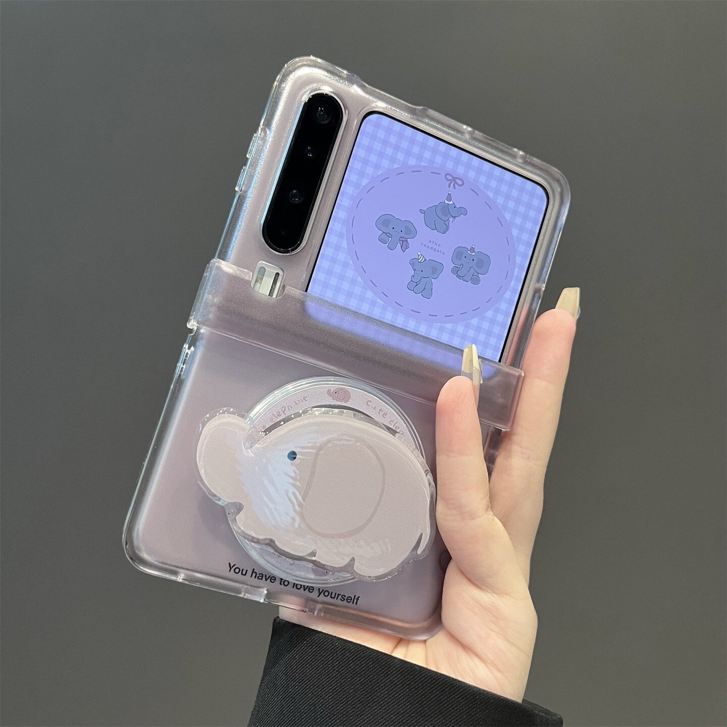 [Built-in Magnetic Suction] Gray Purple Full Cover + Elephant Stand
