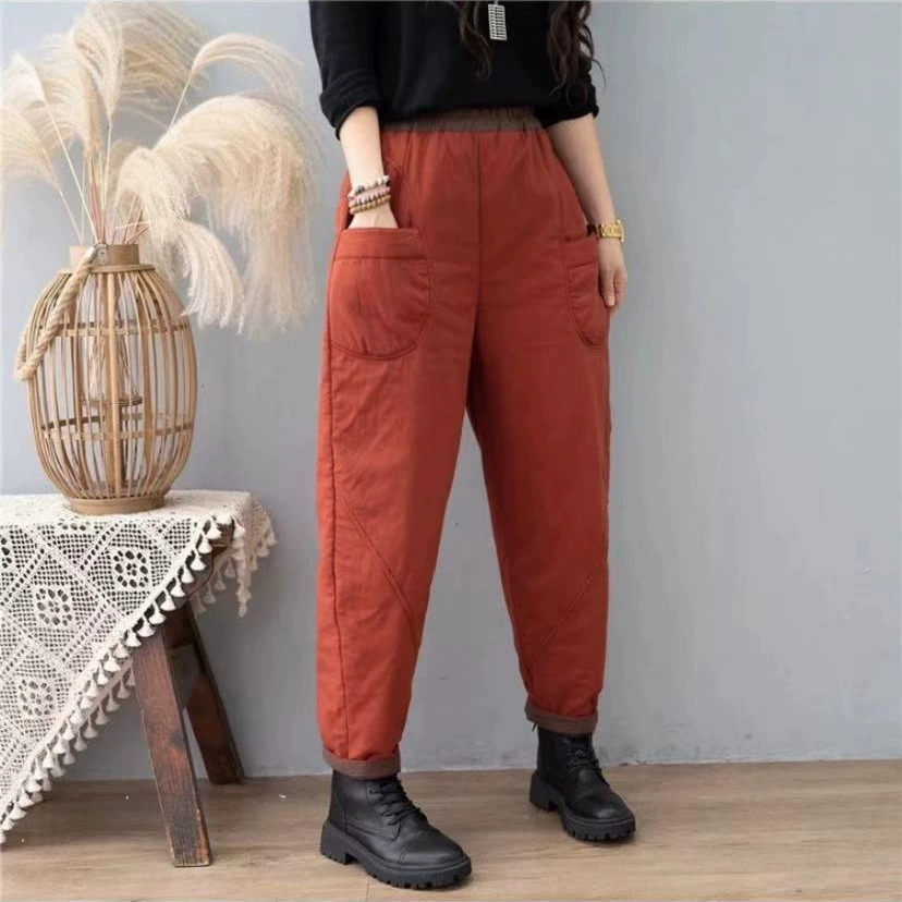 Ретро-контрастные хлопчатобумажные шаровары женские зимние поездки простой хлопок утолщение мама повседневная носить хлопчатобумажные брюки