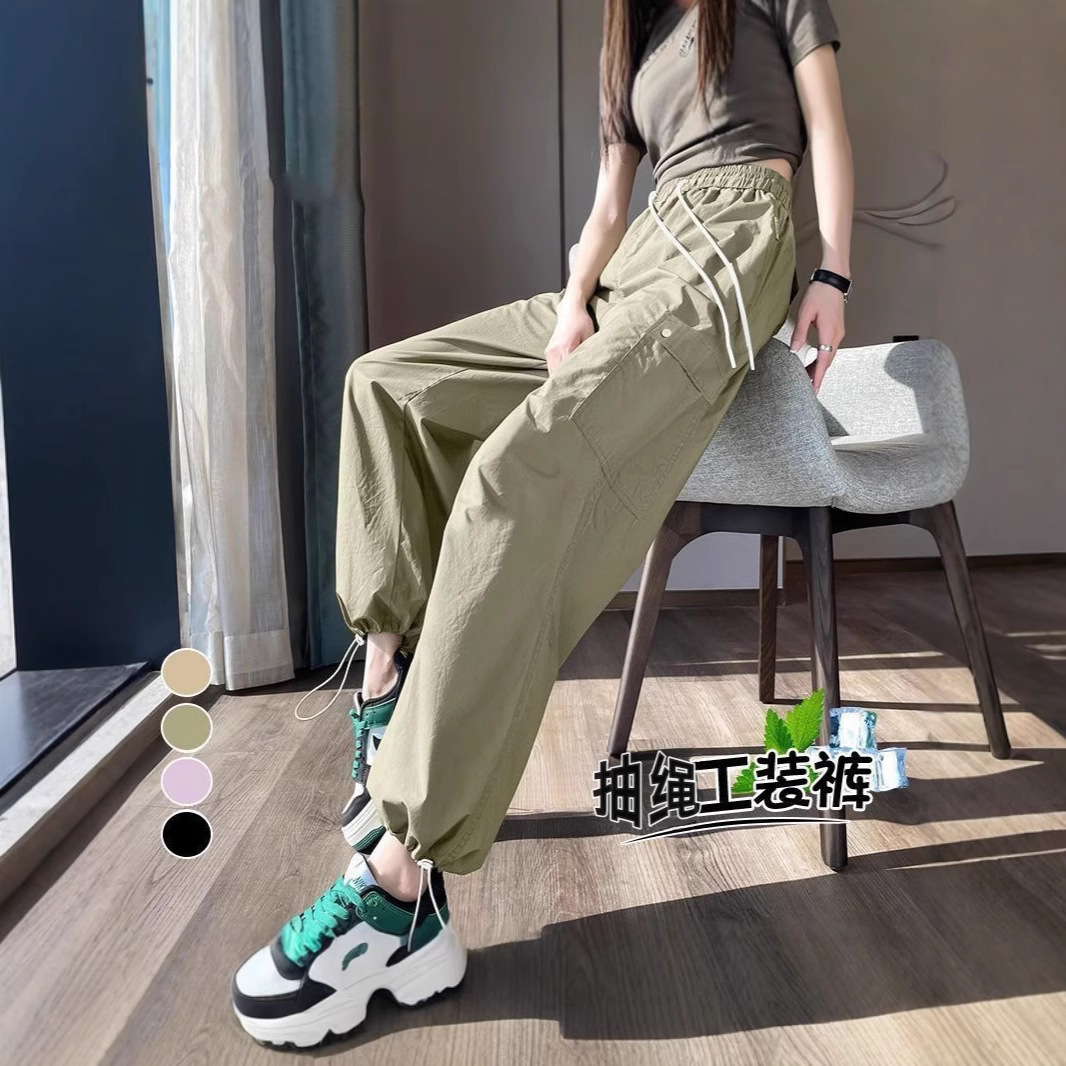 夏季高腰女装慵懒风阔腿直筒长裤小个子显瘦两穿松紧美式工装裤长