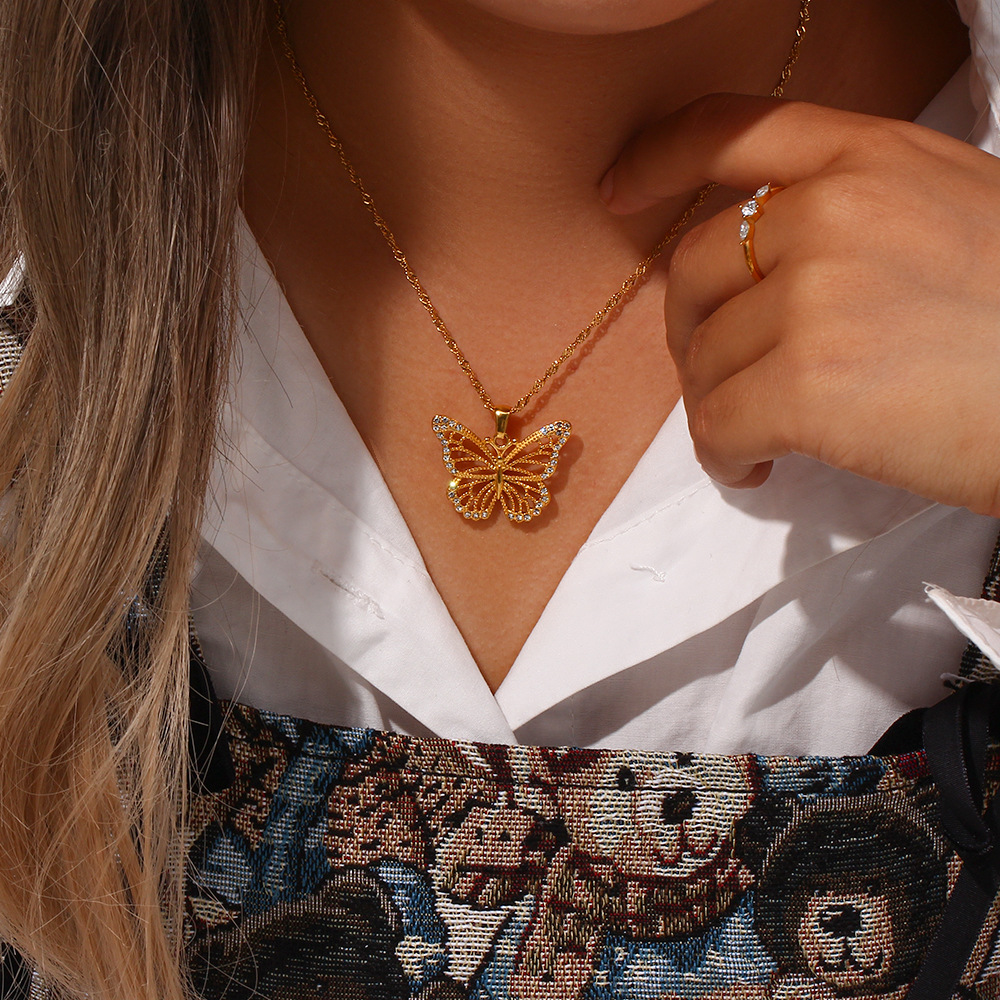 Fashion Butterfly Stainless Steel Necklace Plating Inlay Zircon Stainless Steel Necklaces