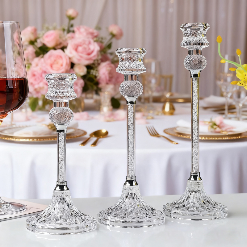 European-Style Transparent Crystal Diamond Candlestick Three-Piece Set Wedding Living Room Photo Props Christmas Romantic Candlelight Dinner