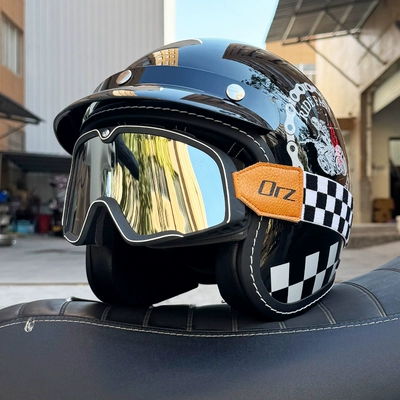 Motosiklet dəbilqələri — men's and women's 3C certification 3/4 - m-bright-black-uninhibited-retro-black-and-silver-goggles