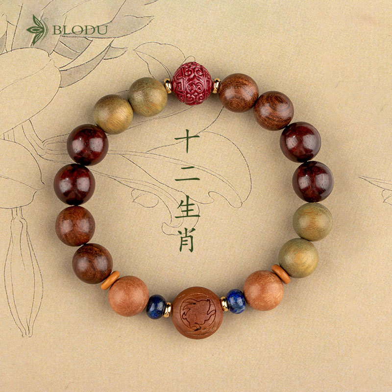 Estilo chino doce Zodiaco verde sándalo pulsera mujer dragón Zodiaco pulsera cinabrio suerte cuentas pareja pulsera