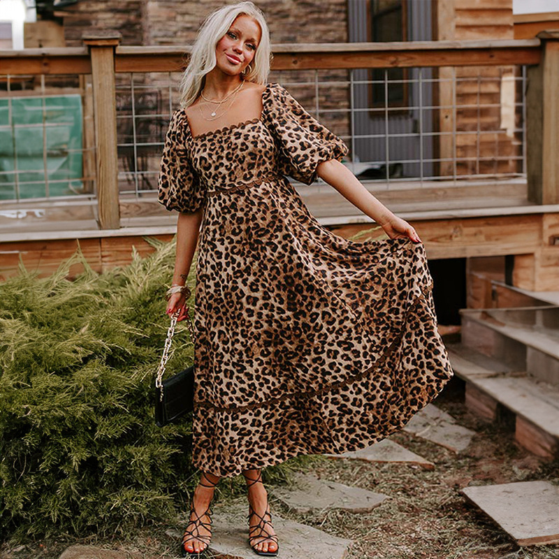Trendy Cross-Border Hot-Selling European and American Leopard Print V-Neck High-Waisted Dress Foreign Trade Women's Lantern Sleeve Loose Printed Long Dress Trendy Cross-Border Hot-Selling European and American Leopard Print V-Neck High-Waisted Dress Foreign Trade Women's Lantern Sleeve Loose Printed Long Dress