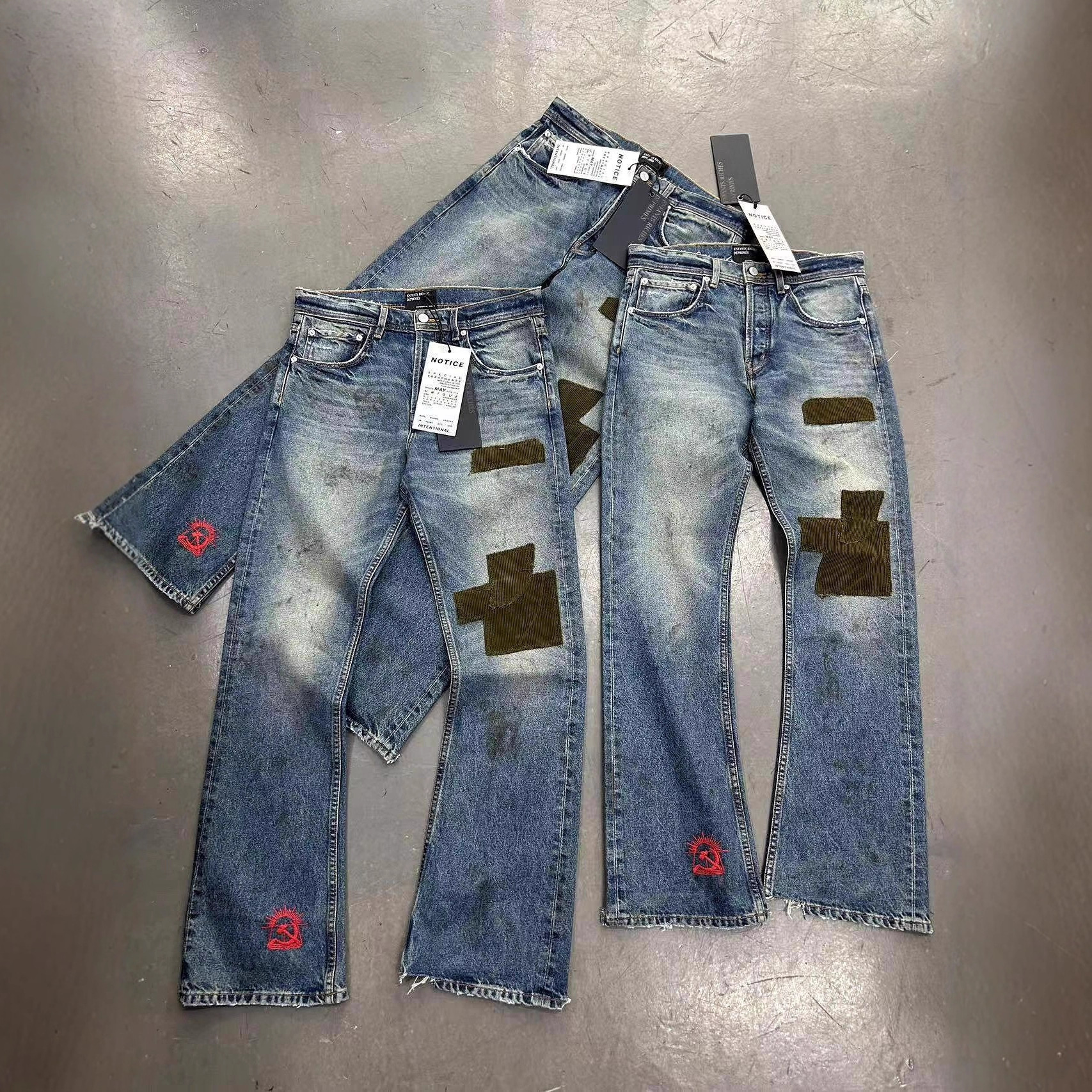 In-Stock Foreign Trade Heavy Micro-Flare Jeans for Women, Washed Vintage Corduroy Patchwork Slim-Fit Casual Long Pants