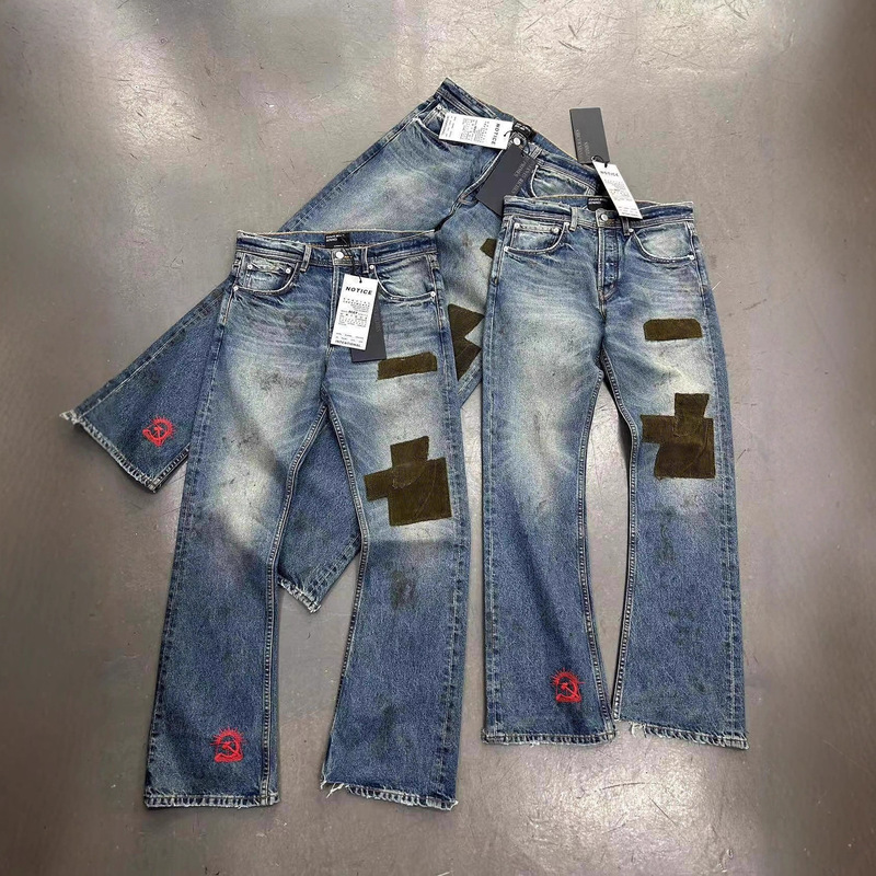 In-Stock Foreign Trade Heavy Micro-Flare Jeans for Women, Washed Vintage Corduroy Patchwork Slim-Fit Casual Long Pants