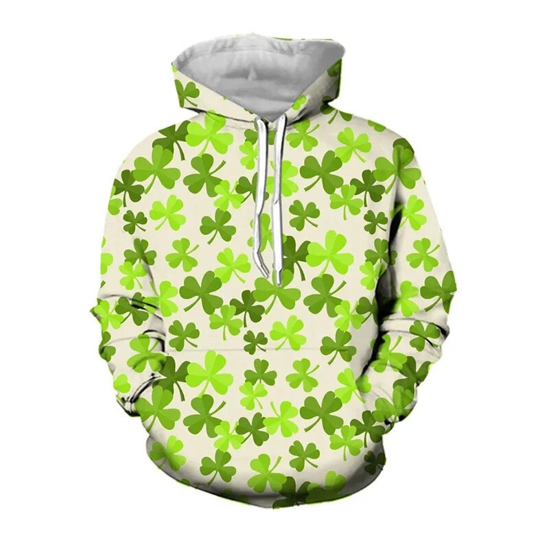 Clover Irish St. Patrick's Day 3D Print Men's Casual Loose Hooded Long-Sleeved Sweatshirt