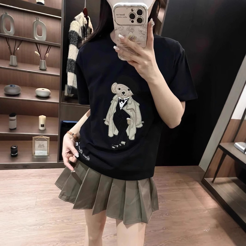 R ~ 25 summer classic high count cotton ~ evening dress bear! Shiny Sequin Embroidered Bear Short Sleeve Tee