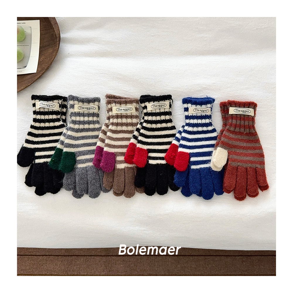 韩系学院风复古条纹拼色儿童手套冬季户外学生防寒保暖分指手套潮