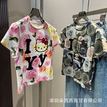 南油高品-pearvortex夏季小众短款百搭上衣花朵印花女T恤直播货源