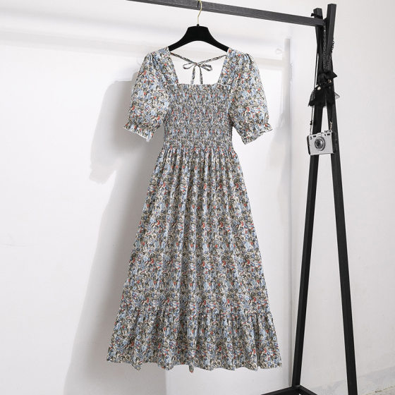 Cross-border women's clothing summer French style dress floral print small short sleeve waist slimming skirt female niche A- line skirt