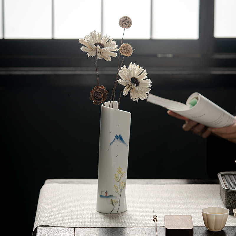Chinese Retro Book Scroll Flower Arrangement Hand-Painted Blue and White Ceramic Flower Vessel Tea Room Decoration Ikebana Household Small Vase Porcelain Vase