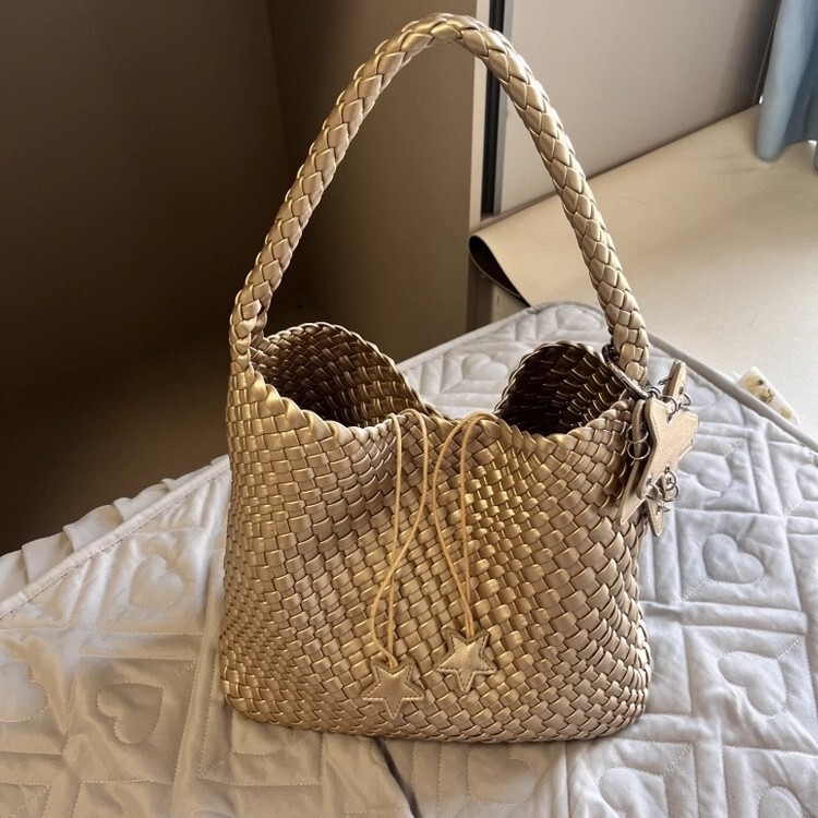 Medium Champagne-Colored Hand-Woven Tote Bag for Small People with Large Capacity Underarm Shoulder Shopping Bag