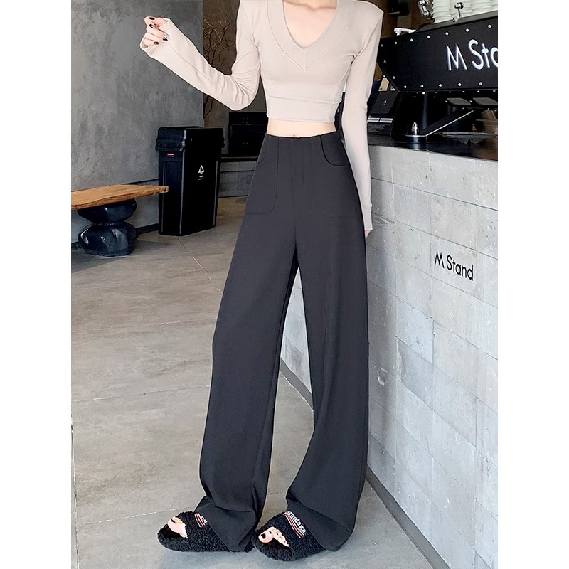 Pantalones de piernas anchas grises para mujeres 2025 primavera nueva cintura alta relajada relajada pantalones casuales rectos pantalones de traje estrechos