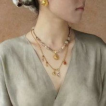 复古太阳花吊坠项链女波西米亚民族风碎石串珠锁骨链小众设计项饰