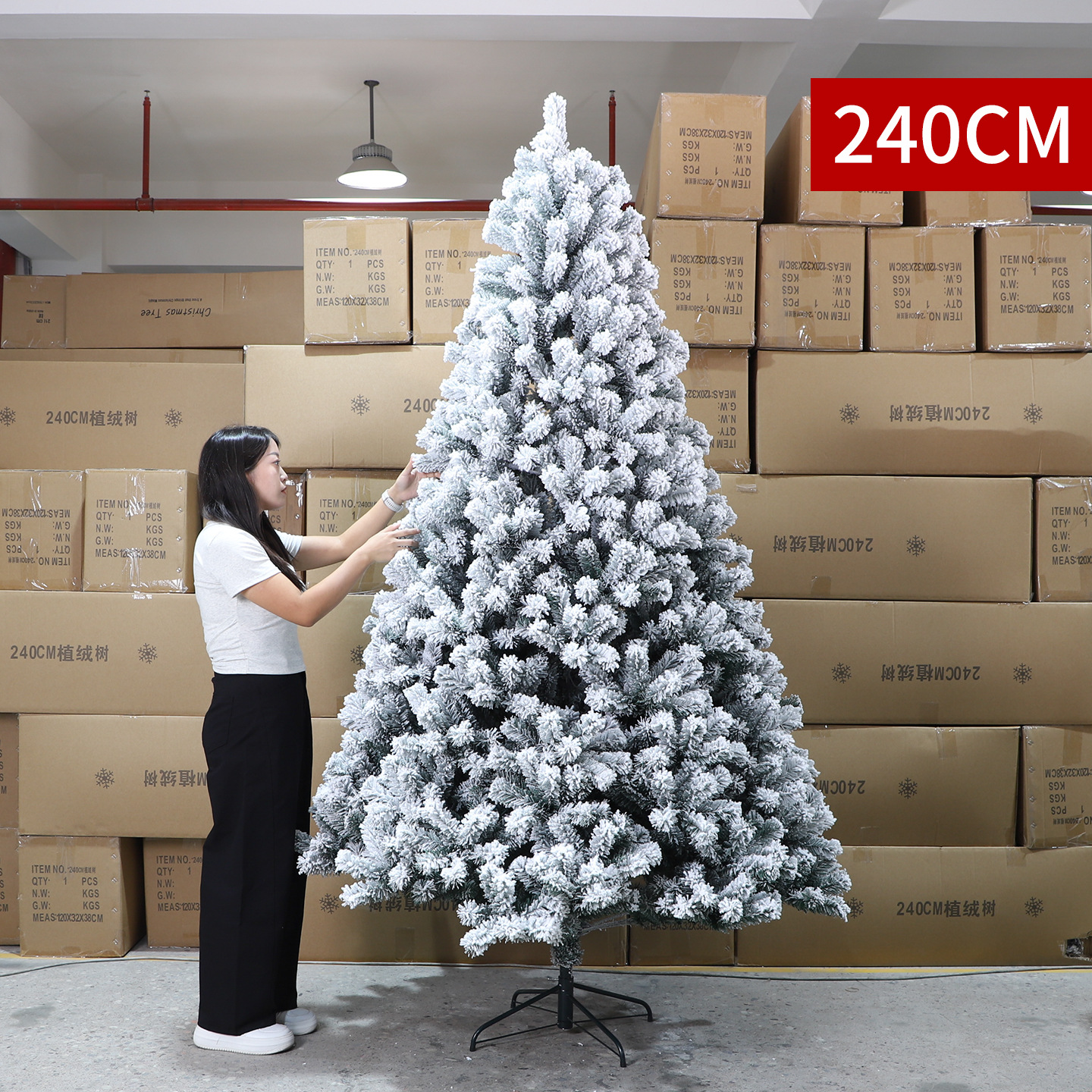 Árbol de Navidad puro PE mezclado PVC nieve flocado árbol desnudo blanco decoración de Navidad pleno pe árbol de Navidad precargado luz