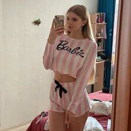 欧美跨境少女粉白条纹睡衣套头休闲长袖短裤家居服可外穿