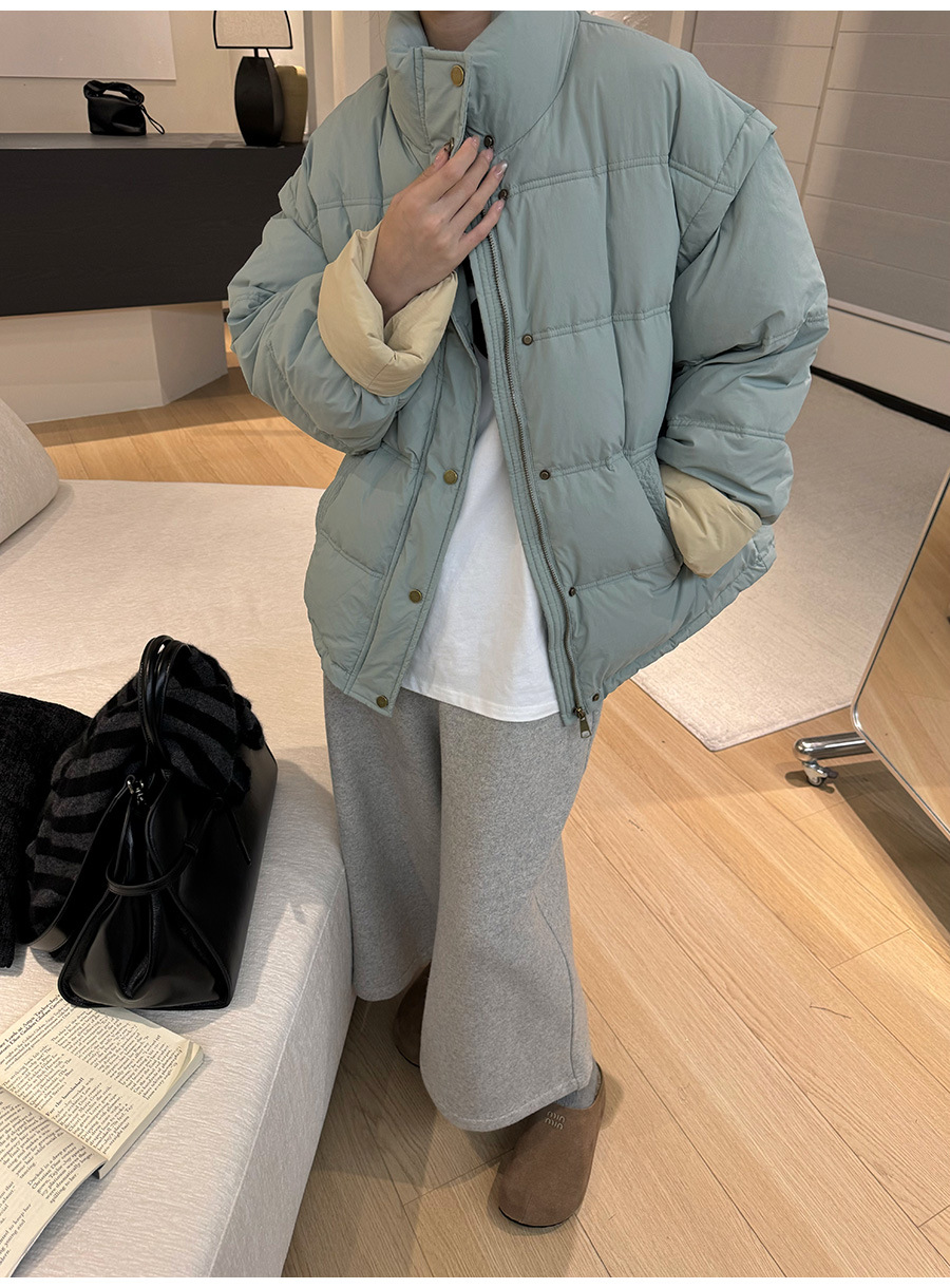 黎诺韩系休闲拼色白鸭绒羽绒服女2024冬季新款立领宽松面包服外套详情14