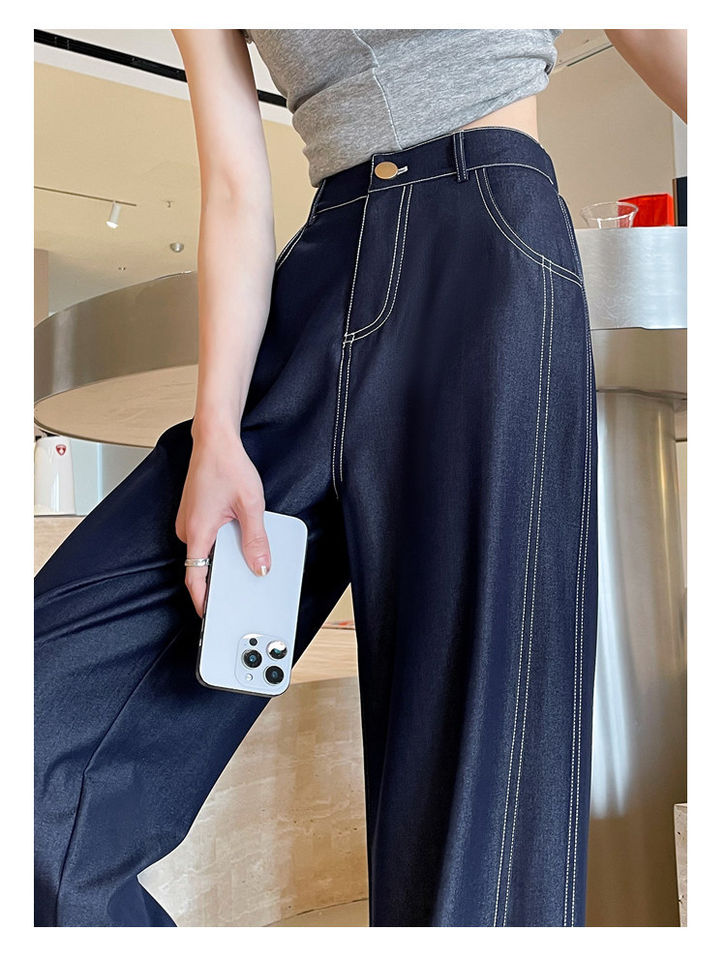 Quần ống rộng giả denim Lyocell Tencel cạp cao dáng mỏng, form suông rủ nhẹ — Denim đen thông thường, Người nhỏ nhắn màu trắng, Quần jean đen cho người nhỏ nhắn, Quần jean đen dáng dài chi tiết 14