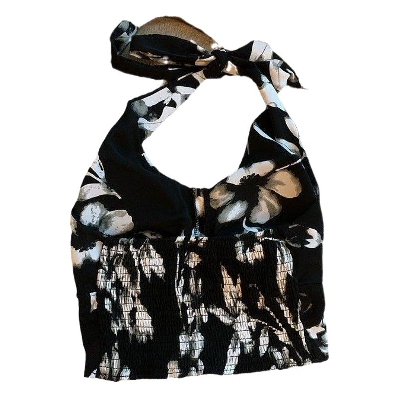 Женская летняя новая нишевая рубашка с цветочным узором на бретельках, облегающий топ на шнуровке, с V-образным вырезом