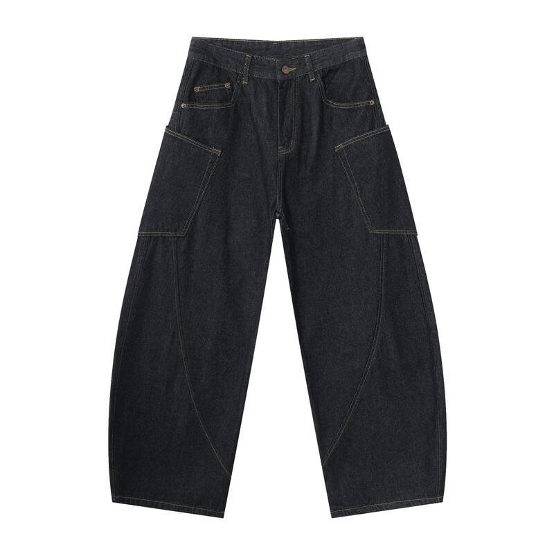 Quần jean nam ống rộng phong cách đường phố retro, nhiều túi hộp, dáng lỏng lẻo — Denim đen, Trắng, màu hồng, màu xanh
