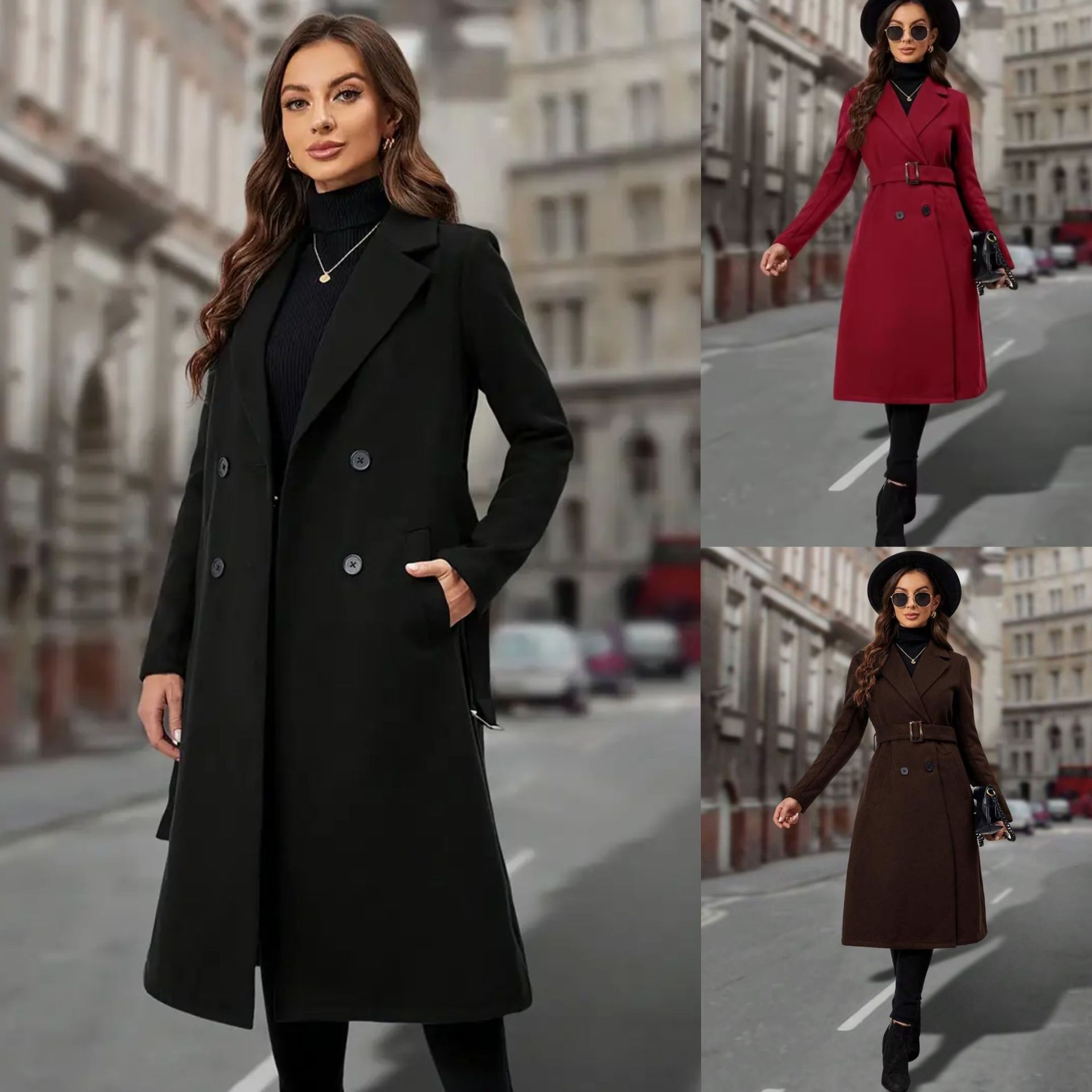 European and American Amazon Cross-Border Women's New Double-Breasted Belt Slim Coat Long Woolen Coat Windbreaker for Women
