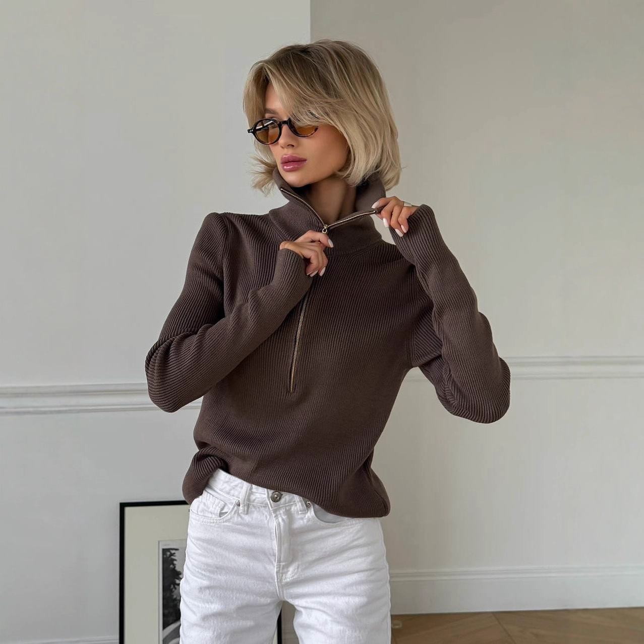 Early Fall Semi-Zip Sweater – Slim Fit Long Sleeve Pullover For Women (Minimalist Design, Cotton-Blend, Versatile Layering Piece)_voghion.com