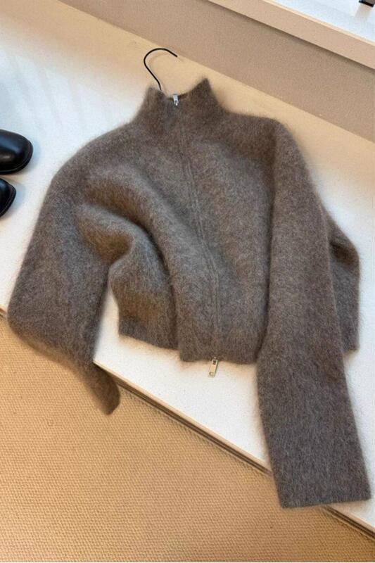 Brown Mink Wool Knitted Sweater Thick Outwear for Women 2025 New Winter Super Nice Short Top