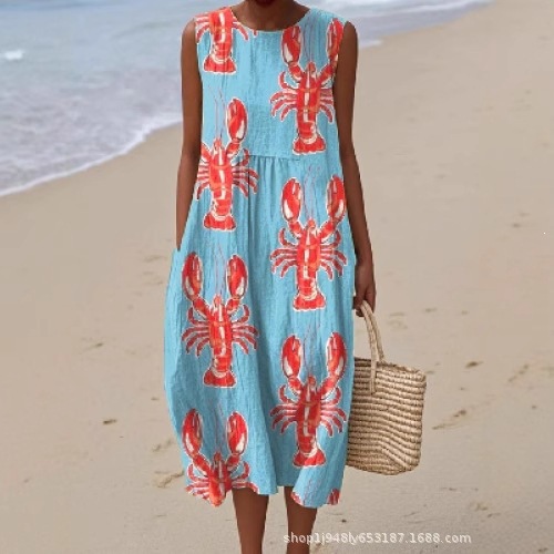 2026欧美跨境独立站夏季新款3D数码印花图案无袖圆领长袖连衣裙