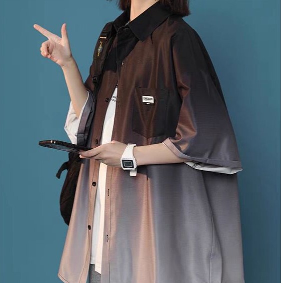 2026 Black and White Gradient Color Shirt Men's Short-Sleeved Spring Ice Silk Shirt Six-Seven-Quarter Sleeve Men's Shirt Wholesale 2026 Black and White Gradient Color Shirt Men's Short-Sleeved Spring Ice Silk Shirt Six-Seven-Quarter Sleeve Men's Shirt Wholesale