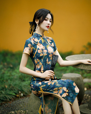 Banquet catwalk cheongsam chinese dress oriental qipao dresses for women Republic of China cotton linen butterfly long cheongsam