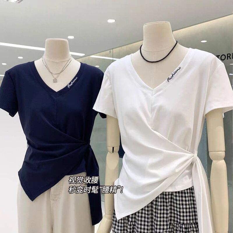 短袖T恤女夏季新款甜辣妹V领字母刺绣设计感绑带收腰显瘦别致上衣|undefined