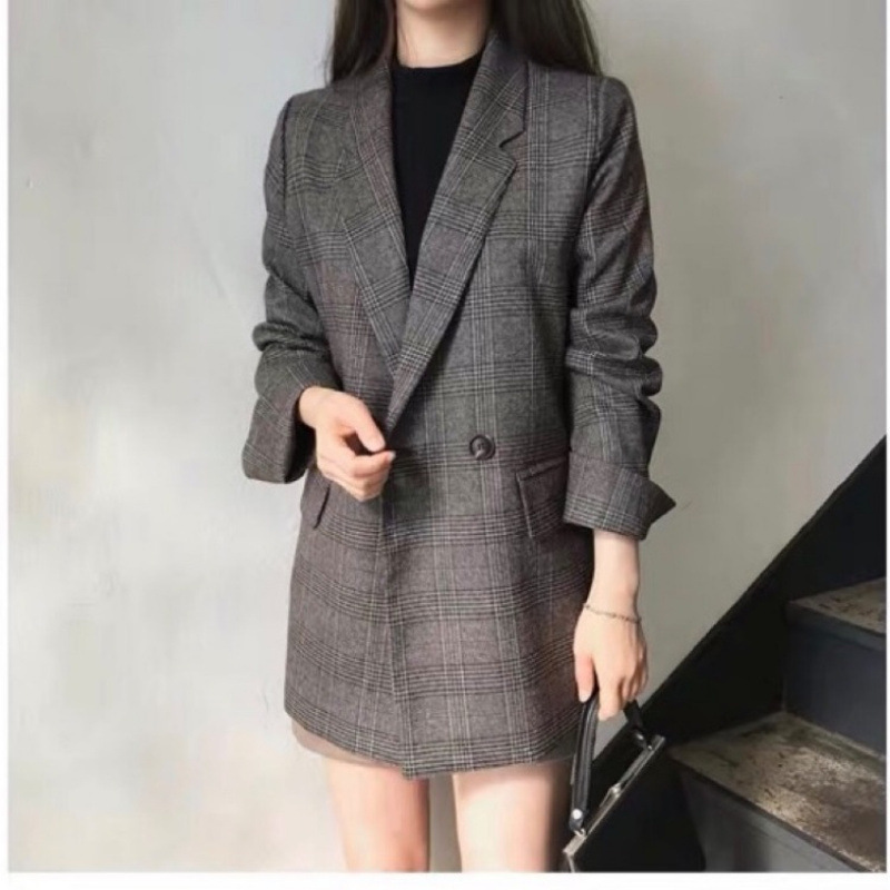 Women's Loose-Fitting Autumn Retro-Style Jacket With Grid Pattern, Wholesale Small Suit Tops_ecoleips.com