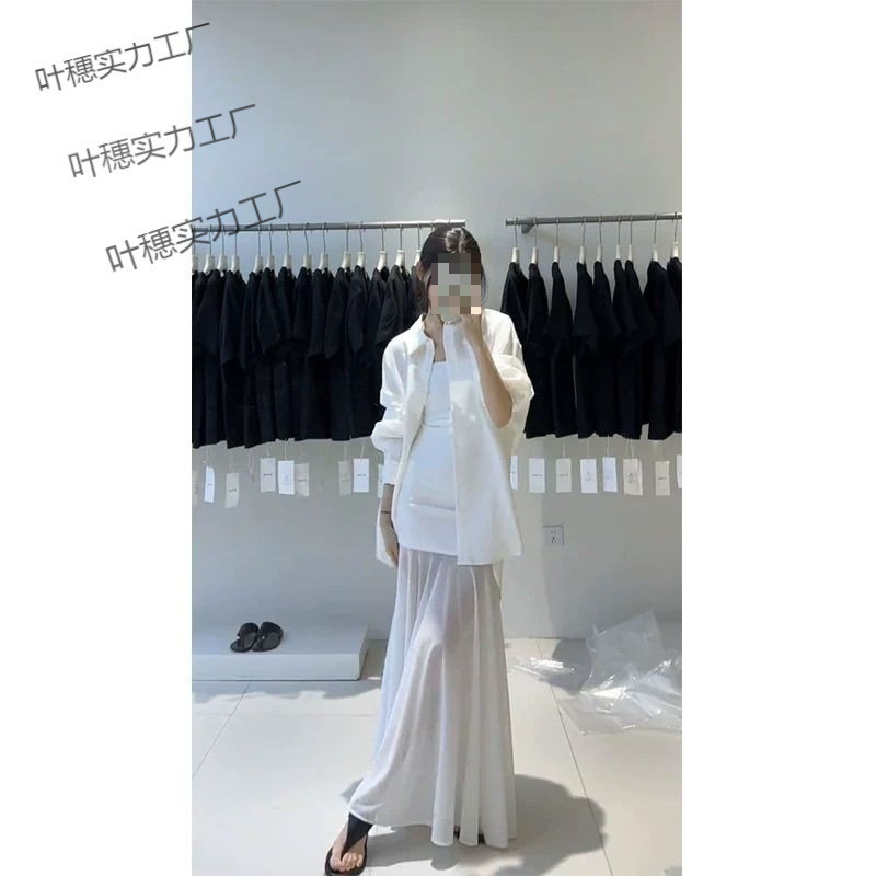 气质百搭高级感慵懒露背抽绳衬衫网纱拼接吊带裙独特设计两件套女|undefined