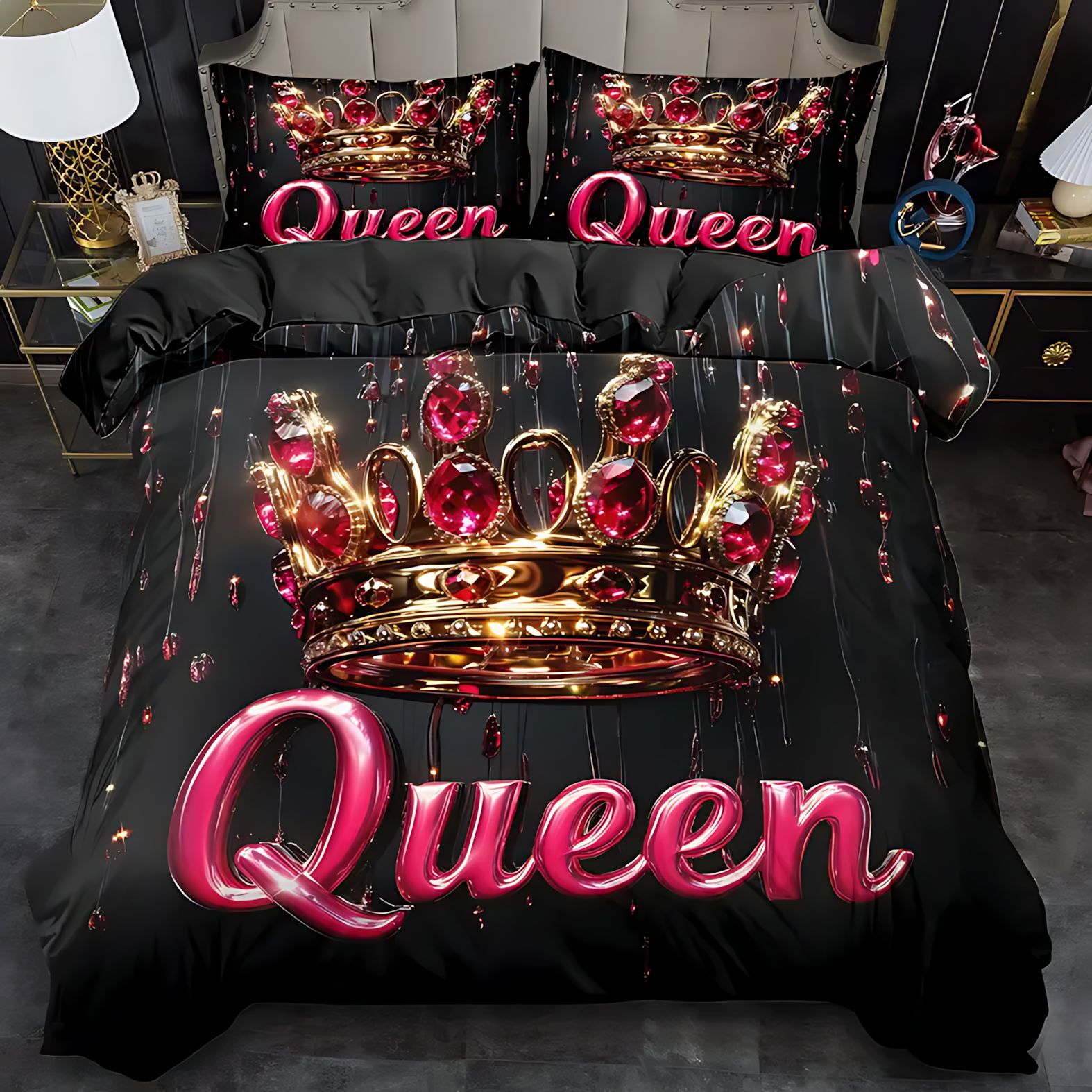 TEMU / JIT transfronterizo textil doméstico con letras de la reina impresión digital de alta definición abrasión edredón set fuente fabricante