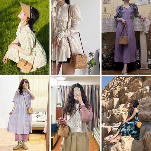Wholesale rattan bag ins cross-body mini bag Forest basket retro literary hand-woven shoulder leather buckle bag
