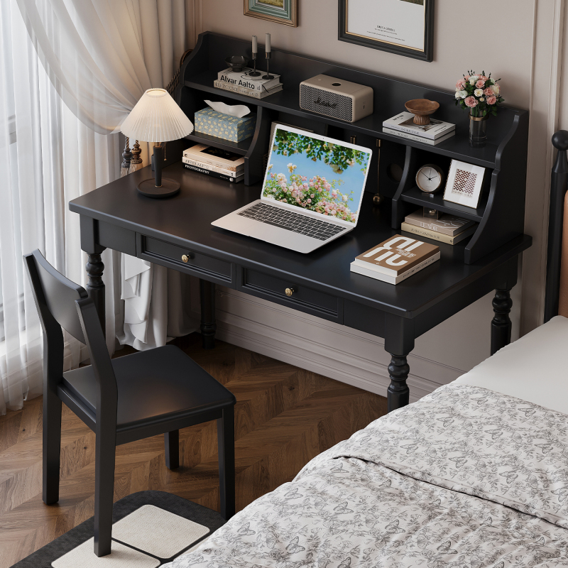 American-Style Desk, Black Makeup Table with Integrated Bookshelf, French-Style Retro Study Table, Small Bedroom Computer Desk
