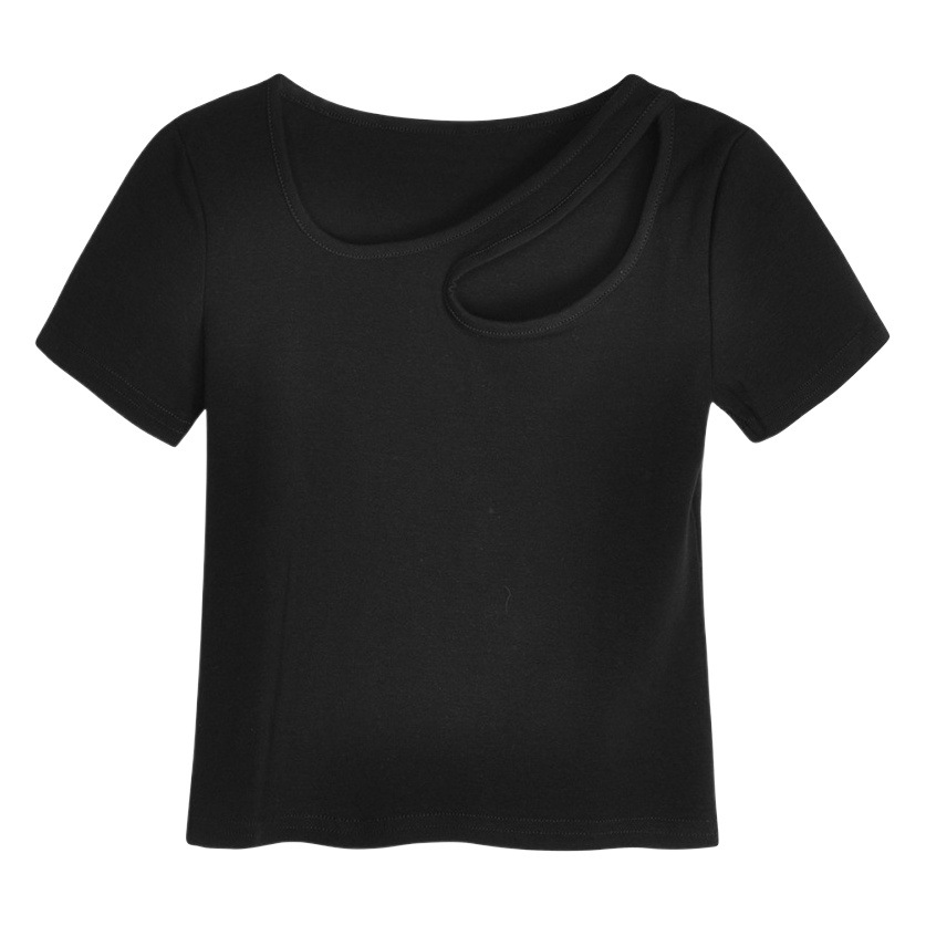 Camiseta de manga corta para mujer con clavícula hueca para diseño, estilo occidental, estilo sexy, dulce y picante, parte superior fuera de la cintura para estudiantes image 1