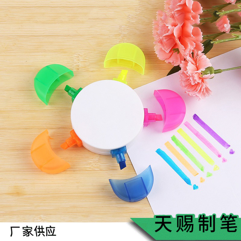 Ningbo comerciantes suministro de cinco colores girasol oblicua fluorescente pluma multicolor logotipo al por mayor rotulador