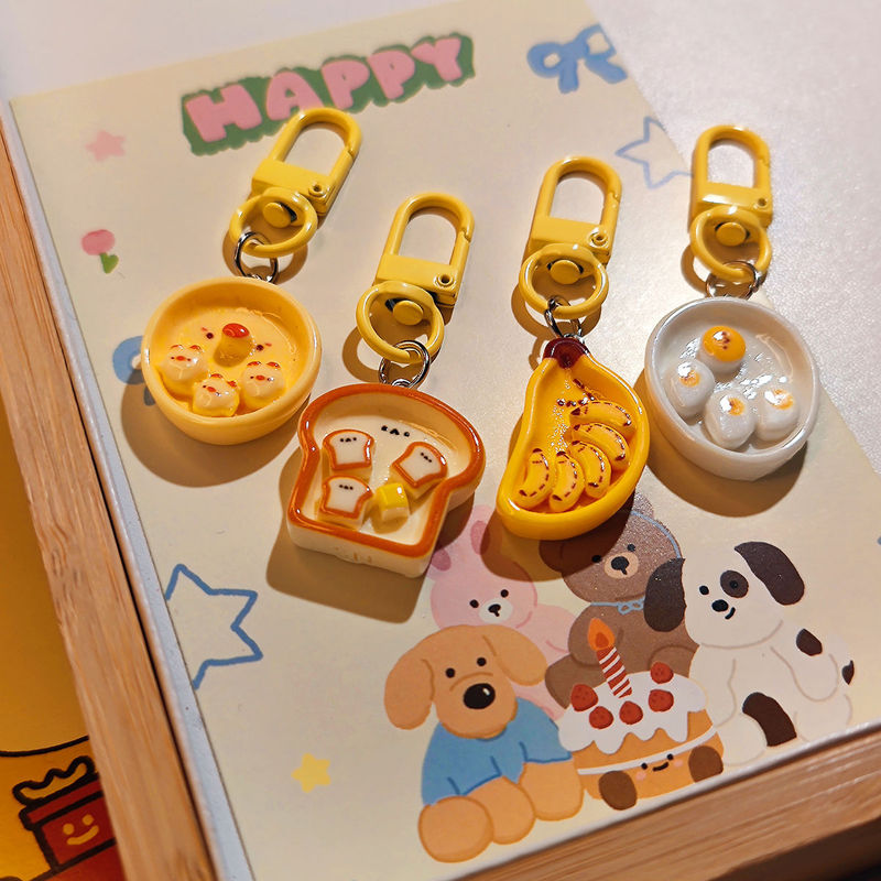 913 Cute Breakfast Plate Pendant Fun Simulation Food Play Keychain Girls' Heart Backpack Accessories Couple's Best Friends