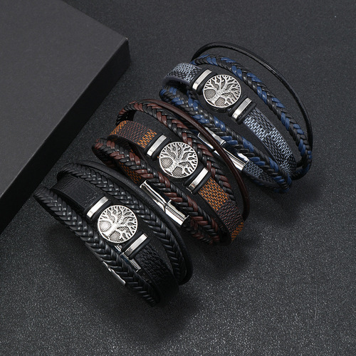 European and American Style Braided Leather Rope Bracelet Punk Multi-layer Men's Wristband Fashion Trend Tree of Life Personality Bracelet