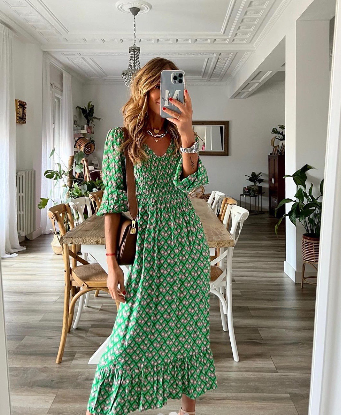 Moxidress V Neck Printed High Waist Pleated Midi Cami Dress main image 1