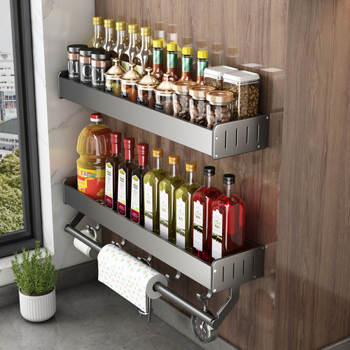 Kitchen rack wall-mounted punch-free gun ash chopping board rack knife holder condiment multi-functional storage spice rack
