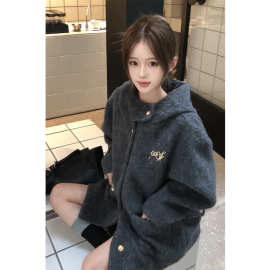 746#毛呢夹棉内里美式复古秋冬季毛呢外套女呢子大衣女连帽上衣女