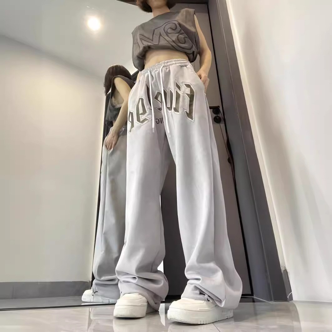 American Sports Casual Gray Sweatpants for Women Hiphop Wide Leg Loose Thin Straight Pants Spring and Summer Pants