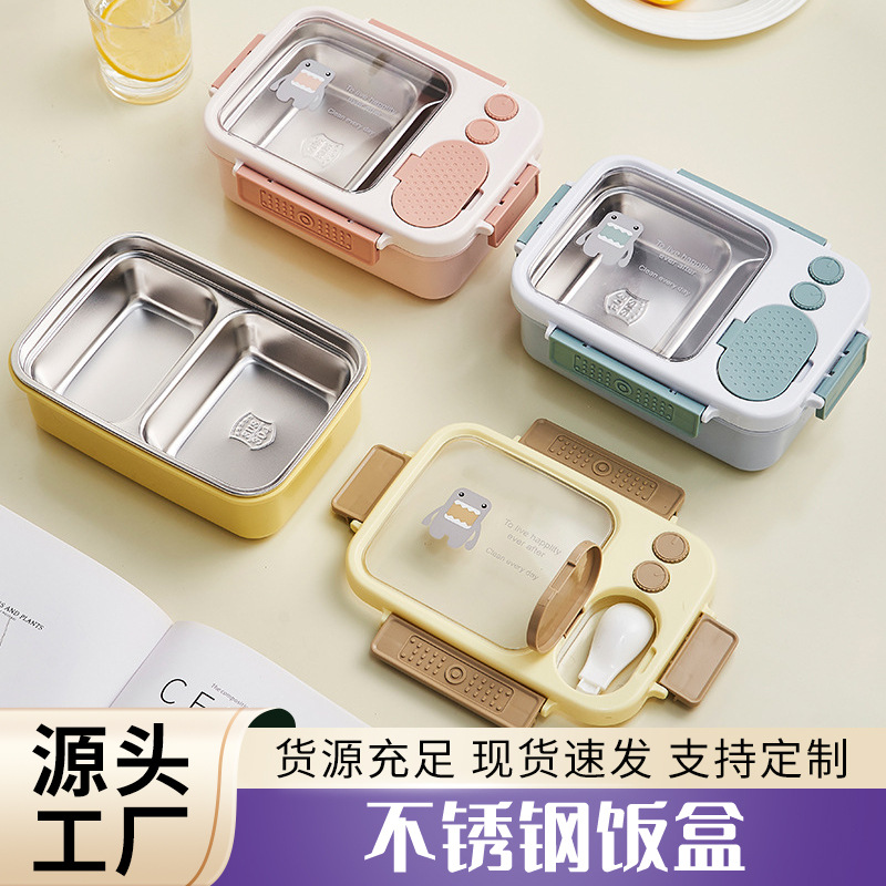 Simple Buckle Lunch Box with Spoon Multi-compartment Separate Insulation Lunch Box Portable Large Capacity Stainless Steel Inner Lunch Box