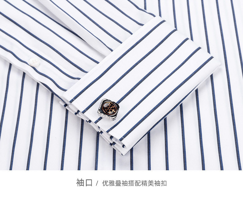 Áo sơ mi nam dài tay cotton sọc không cần ủi, cổ vuông, phong cách công sở trang trọng — Tay áo xếp chồng sọc kiểu Pháp chi tiết 26