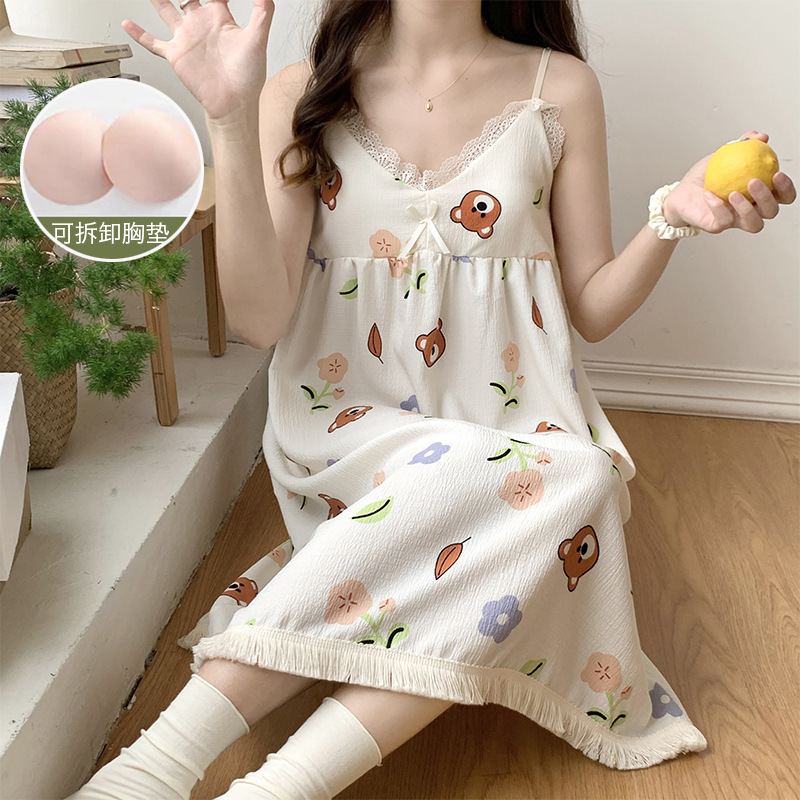 Pijama de cabina de verano dulce dulce flor delgada algodón ropa de casa pijama vestido largo rodilla comercio exterior al por mayor