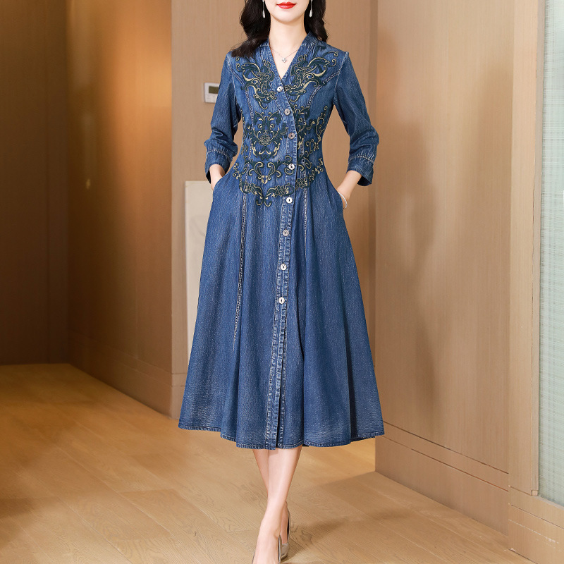 slim denim dress embroidered Tanvi Kedia Womens Dress, Size 6, Keyhole Back, Boho Folk Style Embroidery